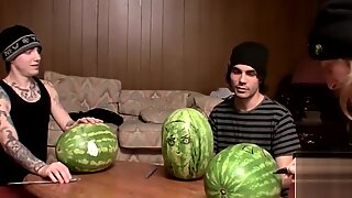 Straight inked guys fuck watermelons until свършване